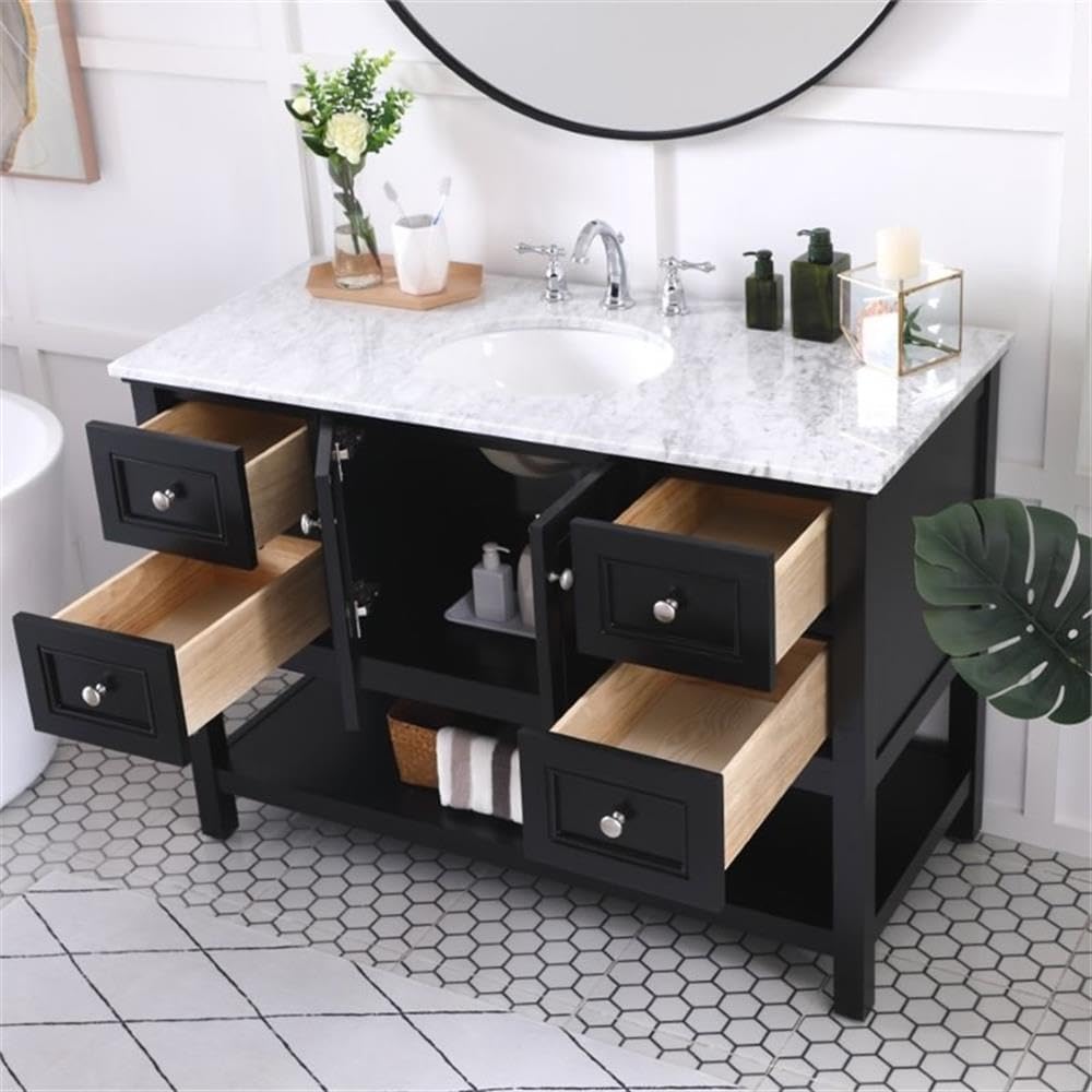 Pemberly Row Contemporary 48' Freestanding Bathroom Vanity, Solid Poplar Wood, Black Finish, Italian White Marble Top with Undermount Porcelain Sink, Soft-Close Drawers, Spacious Storage for Bathroom