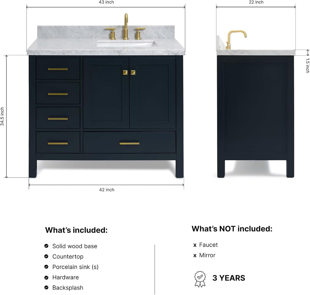 DKB Beckford 42-Inch Midnight Blue Bathroom Vanity with Sink, 1.5-Inch Italian Carrara Marble Countertop & Backsplash, Rectangular Sink, 2 Soft Closing Doors, 5 Dovetail Drawers, Satin Brass Hardware