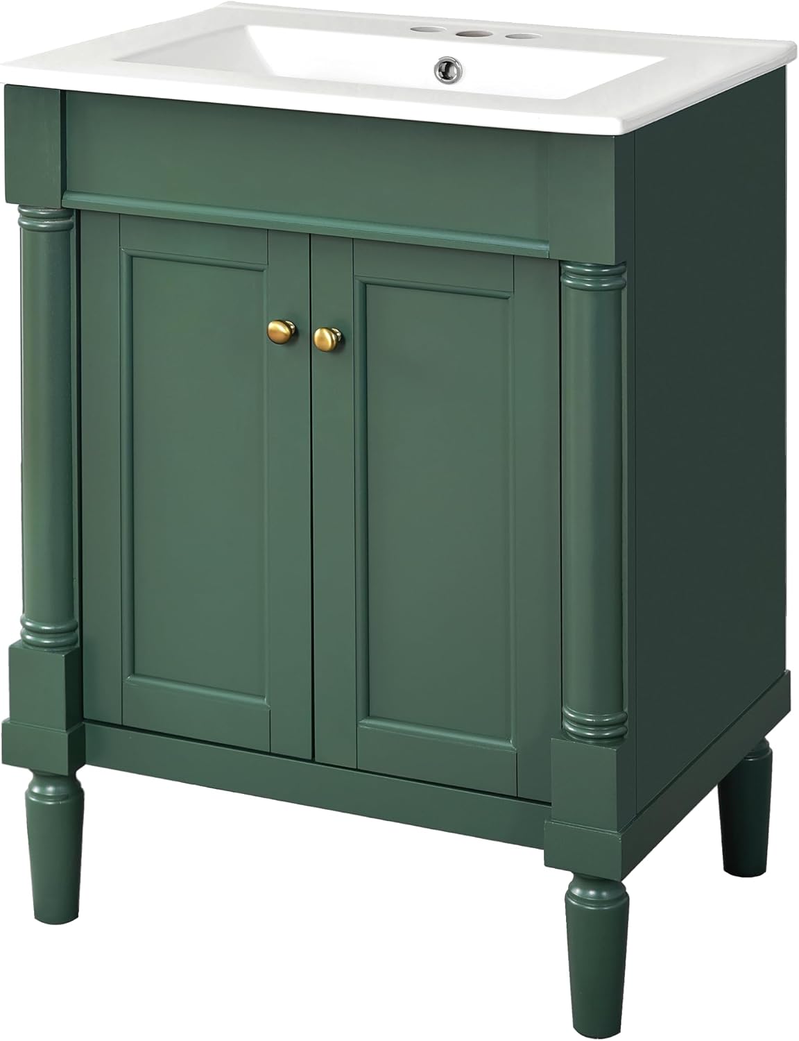 24' Vintage Bathroom Vanity with Sink Mid-Century Bathroom Vanity with 2 Soft-Close Doors & 2-Tier Adjustable Shelf Freestanding Bathroom Storage Cabinet with Roman Column Base & Metal Handles,Green