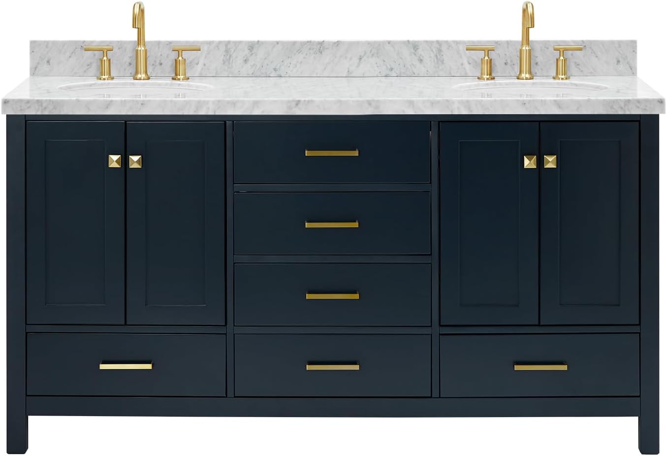 ARIEL Cambridge 66-inch Bathroom Vanity with Sink,Solid Wood, 1.5-inch Italian Carrara Marble Countertop, Double Oval Porcelain Sink, 4 Soft Closing Doors, 6 Dovetail Drawers, Midnight Blue