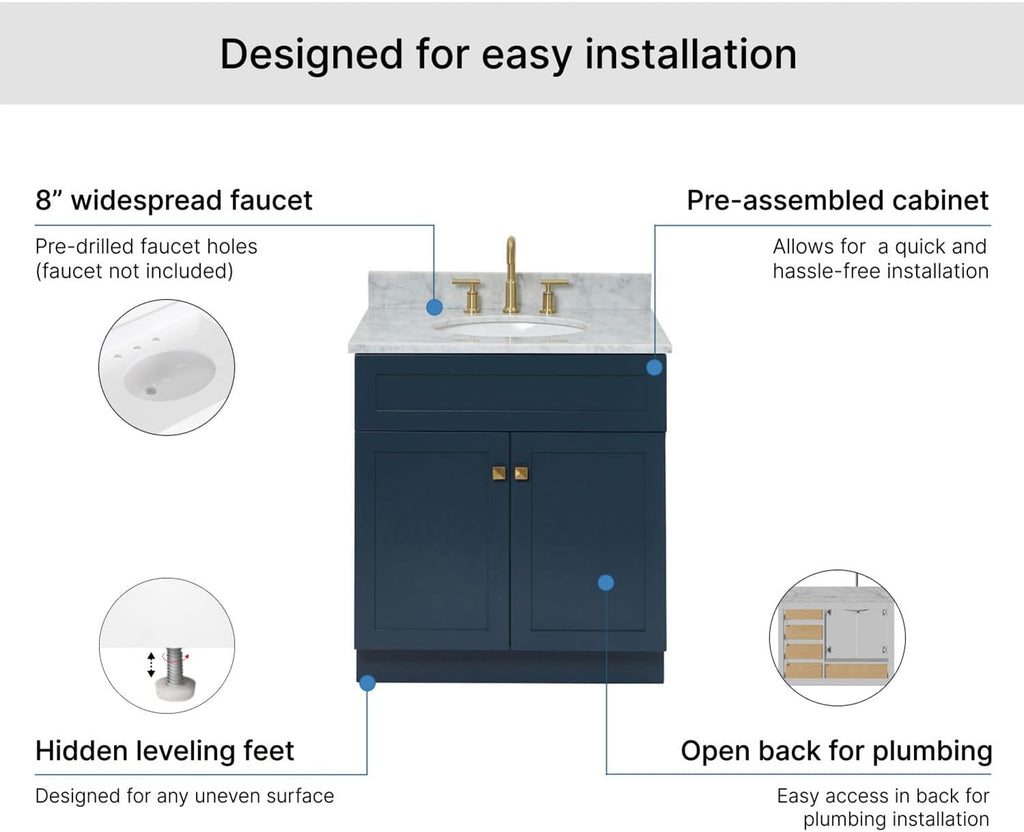 ARIEL Hamlet 30-inch Bathroom Vanity with Sink,Solid Wood, 0.75-inch Italian Carrara Marble Countertop & Backsplash, Single Oval Porcelain Sink, 2 Soft Closing Doors, Midnight Blue