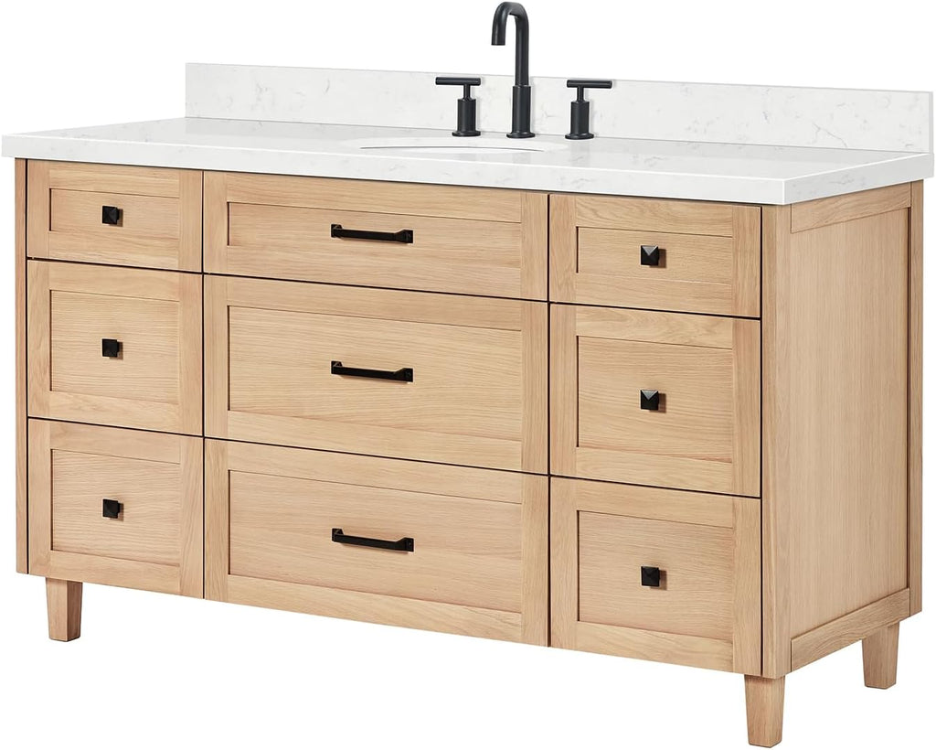 ARIEL Monroe 60-inch Bathroom Vanity with Sink,Solid Wood, 1.5-inch Carrara White Quartz Countertop, Single Oval Porcelain Sink, Dovetail Drawers, White Oak