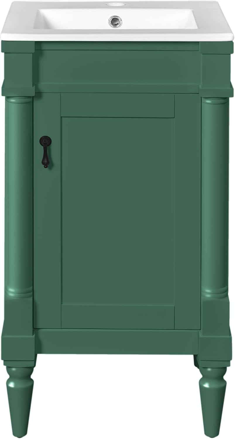 VilroCaz Modern 18'' Bathroom Vanity with Top Sink, Freestanding Bathroom Storage Cabinet with Door and Adjustable Shelf, Single Sink Cabinet with Nordic Style Legs (Green-Retro)
