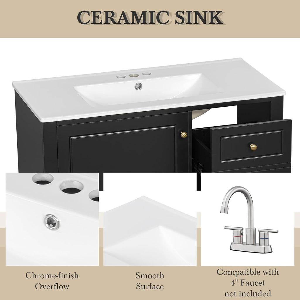 36 Inch Bathroom Vanity with Sink Set, Undermount Vanity Sink Cabinet with 3 Drawers and Door Storage, Soft Closing Door, Wood Frame, Black
