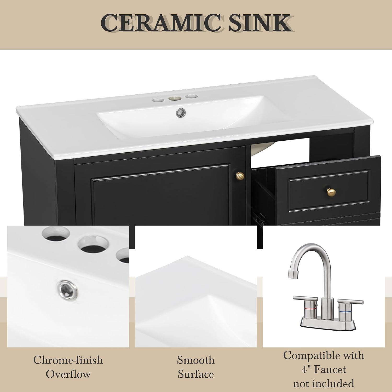 36' Modern Freestanding Bathroom Vanity with Ceramic Sink Top, 3 Drawers & Storage Shelves - MDF & Solid Wood Base