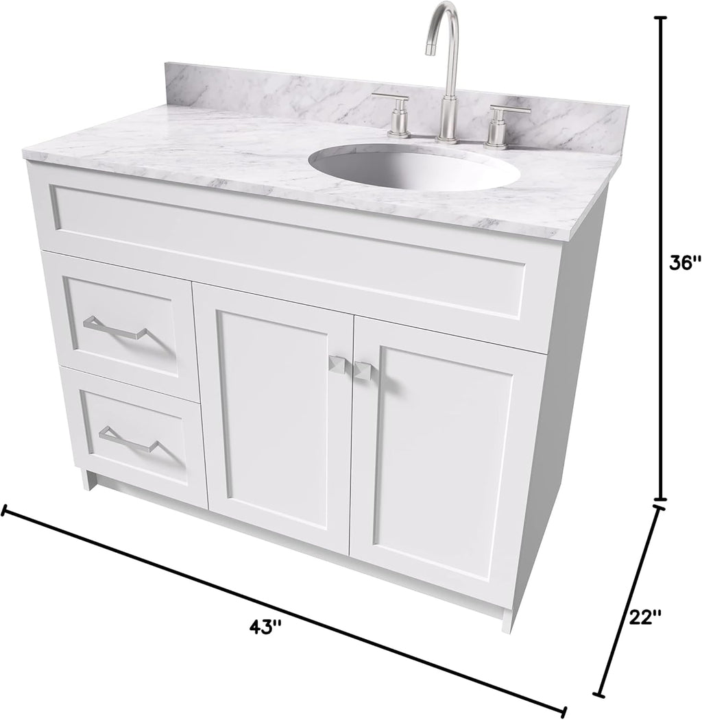 ARIEL Hamlet 43 in. Right Offset Oval Sink Vanity with 0.75 in. Carrara White Countertop in White