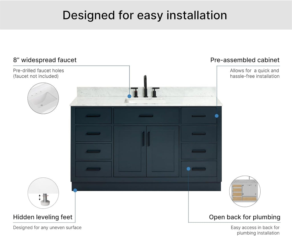 ARIEL Hepburn 60-inch Bathroom Vanity with Sink,Solid Wood, 0.75-inch Italian Carrara Marble Countertop, Single Rectangular Porcelain Sink, 2 Soft Closing Doors, 9 Dovetail Drawers, Midnight Blue