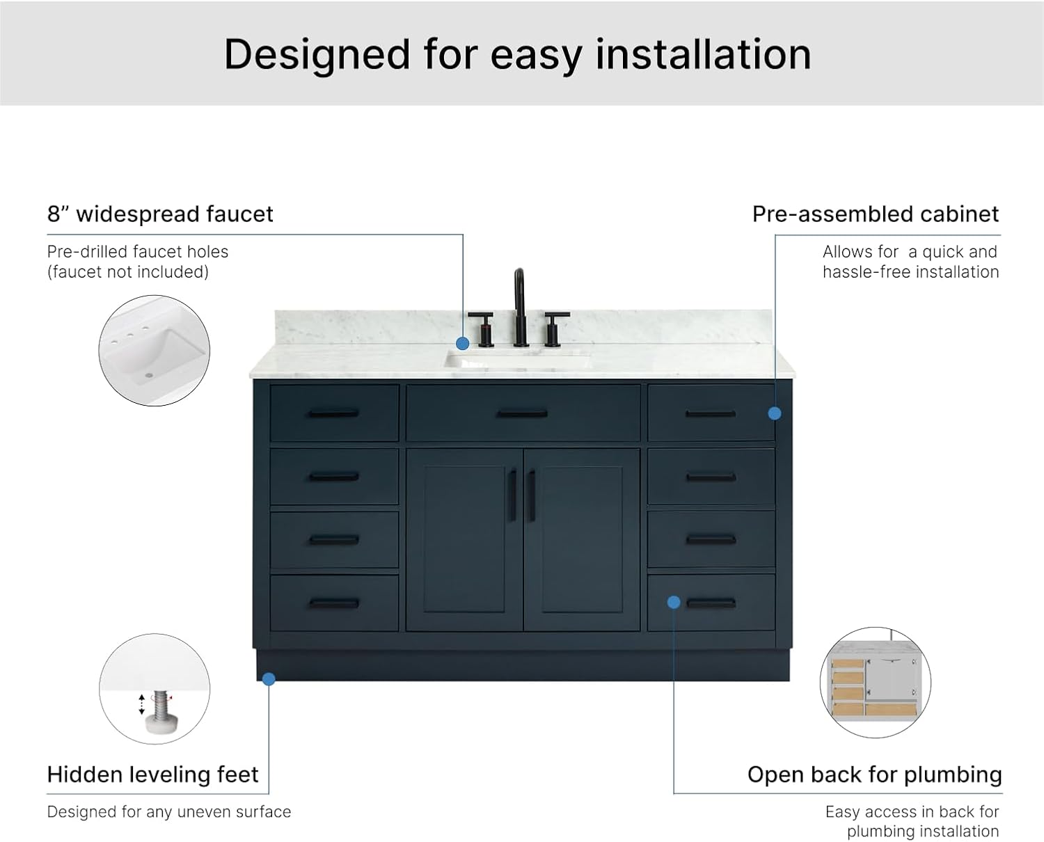 ARIEL Hepburn 60-inch Bathroom Vanity with Sink,Solid Wood, 0.75-inch Italian Carrara Marble Countertop, Single Rectangular Porcelain Sink, 2 Soft Closing Doors, 9 Dovetail Drawers, Midnight Blue
