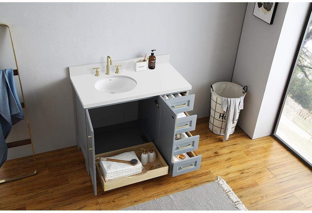 ARIEL Taylor 42-inch Bathroom Vanity with Sink,Solid Wood, 1.5-inch Pure White Quartz Countertop & Backsplash, Single Oval Porcelain Sink, 2 Soft Closing Doors, 5 Dovetail Drawers, Grey