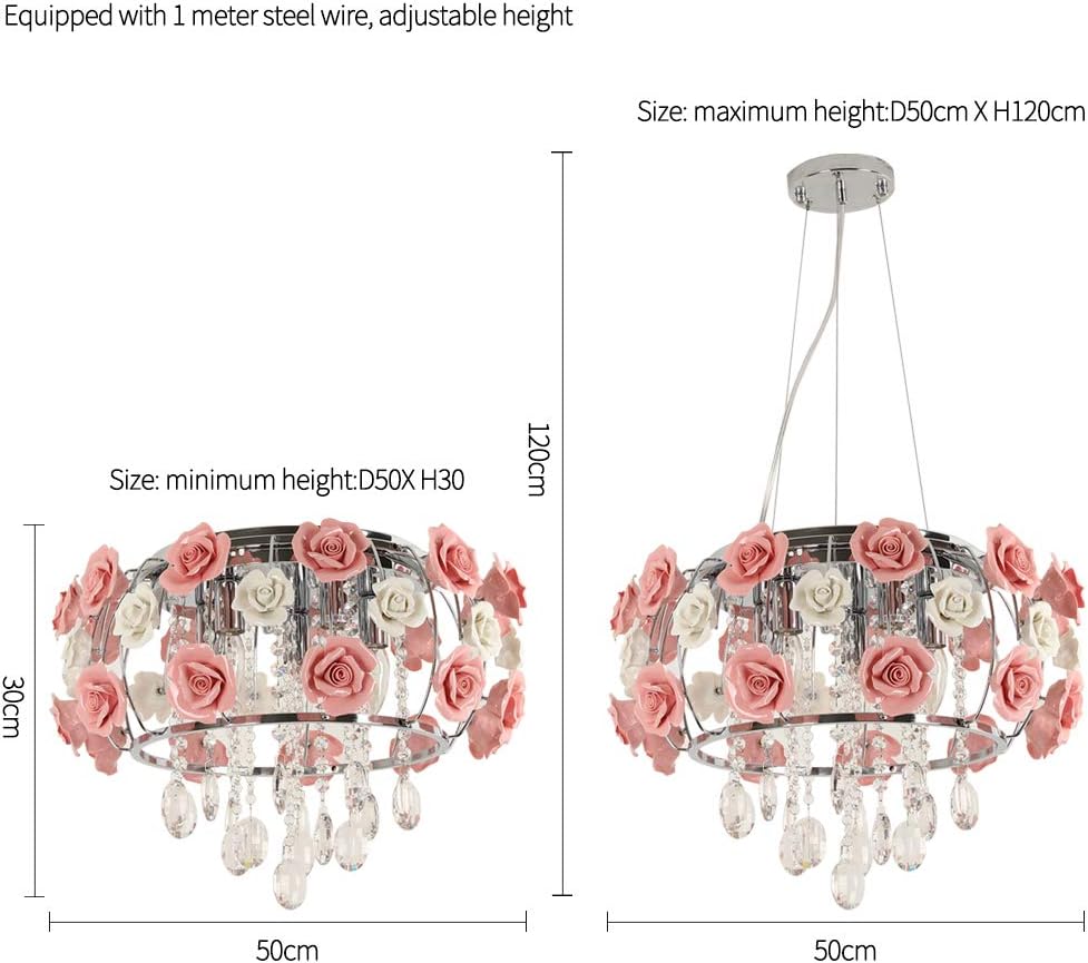 19.5inch Crystal Ceiling Light Fixtures Flush Mount Ceramic Rose Flowers, Chandelier Pendant Lighting with 5-Light E12 Socket for Living/Dining Room Bedroom Girl Room