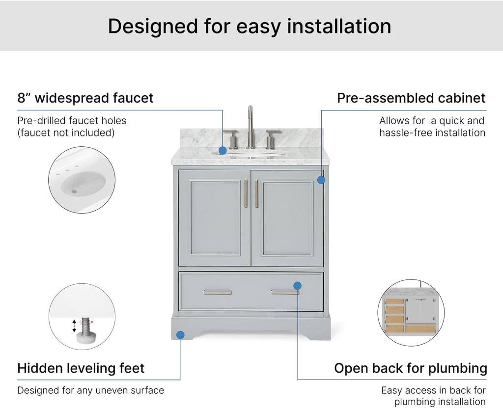 ARIEL Stafford 30-inch Bathroom Vanity with Sink,Solid Wood, 0.75-inch Italian Carrara Marble Countertop & Backsplash, Single Oval Porcelain Sink, 2 Soft Closing Doors, 1 Dovetail Drawers, Grey