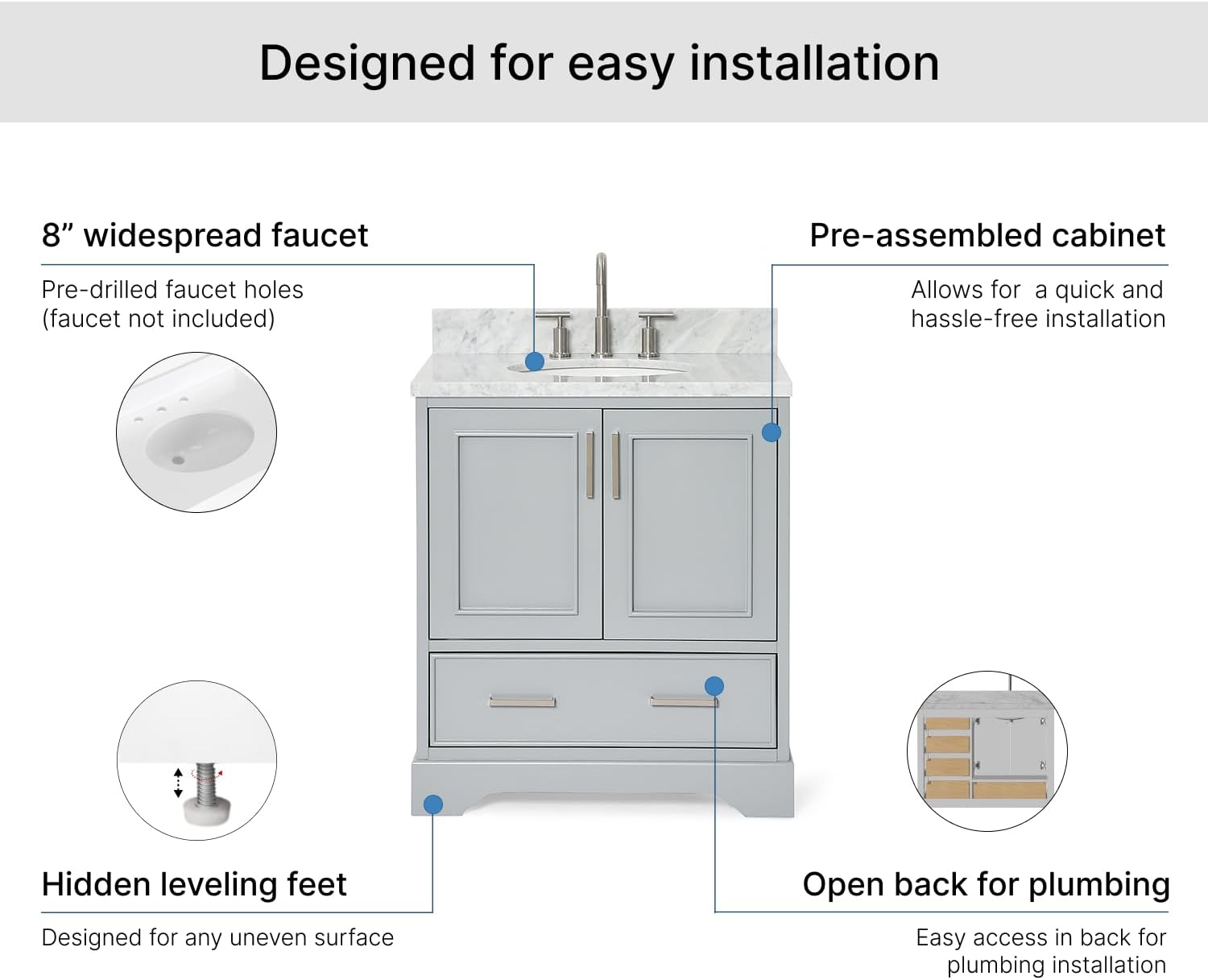 ARIEL Stafford 30-inch Bathroom Vanity with Sink,Solid Wood, 0.75-inch Italian Carrara Marble Countertop & Backsplash, Single Oval Porcelain Sink, 2 Soft Closing Doors, 1 Dovetail Drawers, Grey
