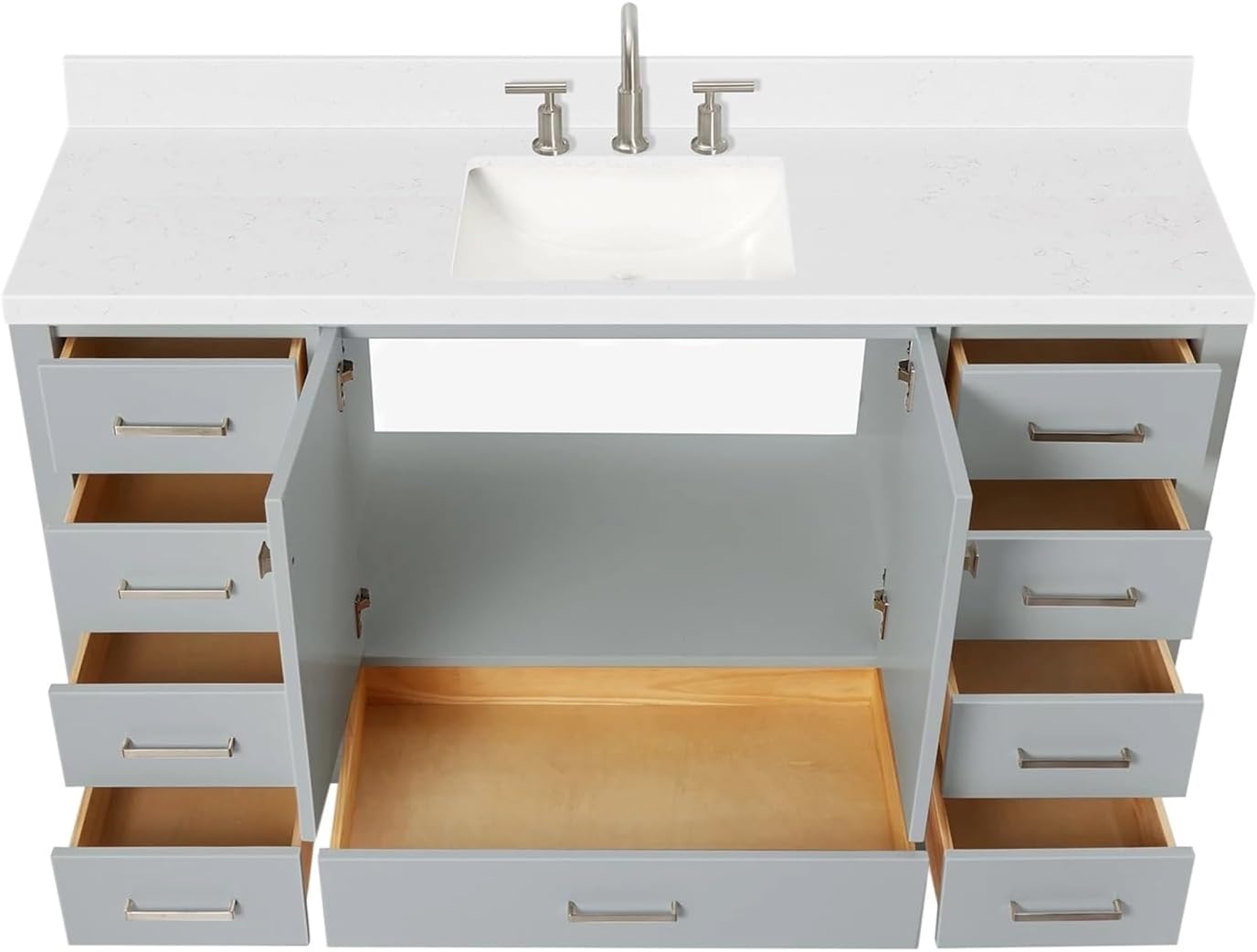 ARIEL Cambridge 60-inch Bathroom Vanity with Sink,Solid Wood, 1.5-inch Carrara White Quartz Countertop, Single Rectangular Porcelain Sink, 2 Soft Closing Doors, 9 Dovetail Drawers, Grey