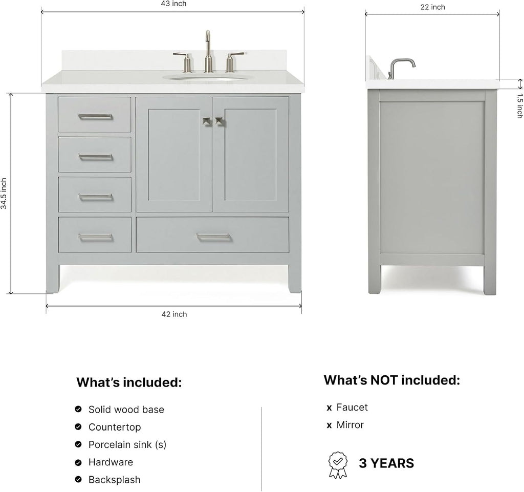 DKB Beckford 42-Inch Grey Bathroom Vanity with Sink, 1.5-Inch Pure White Quartz Countertop & Backsplash, Right Oval Sink, 2 Soft-Closing Doors, 5 Dovetail Drawers, Brushed Nickel Hardware