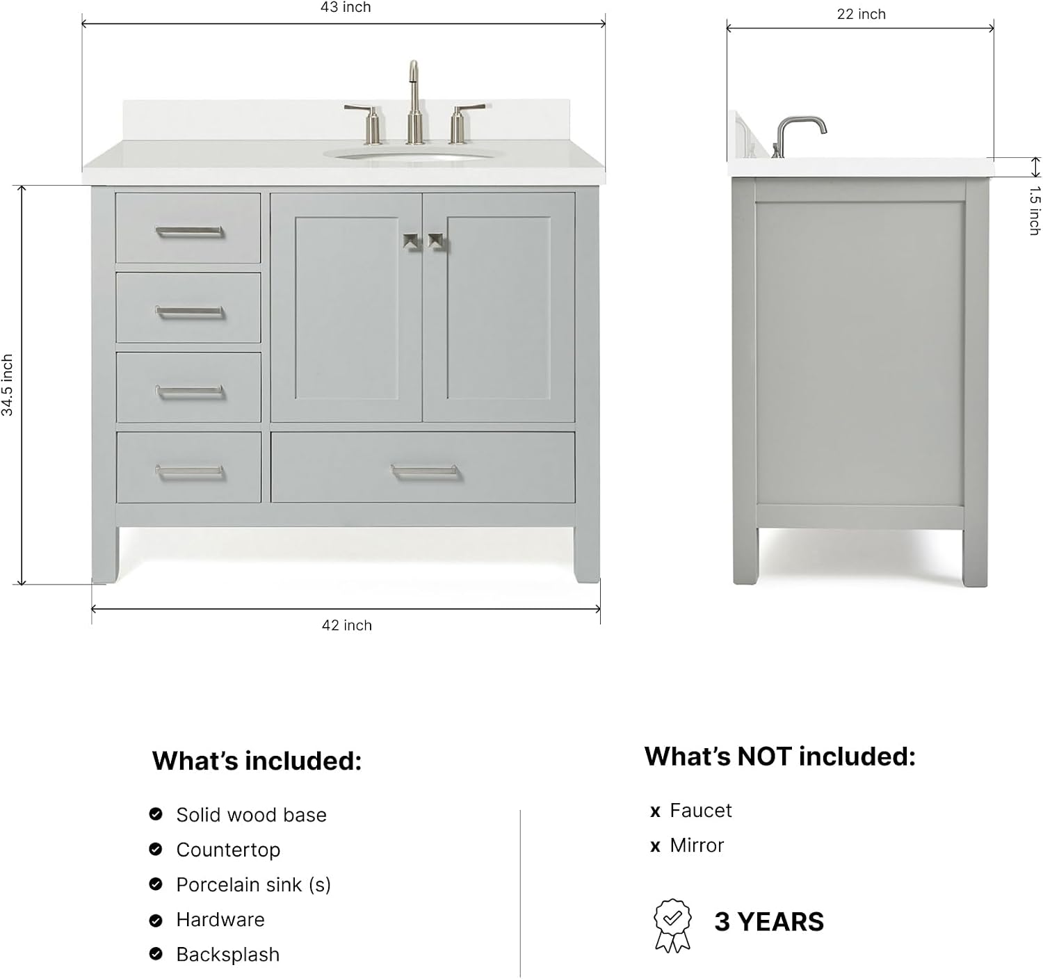DKB Beckford 42-Inch Grey Bathroom Vanity with Sink, 1.5-Inch Pure White Quartz Countertop & Backsplash, Right Oval Sink, 2 Soft-Closing Doors, 5 Dovetail Drawers, Brushed Nickel Hardware