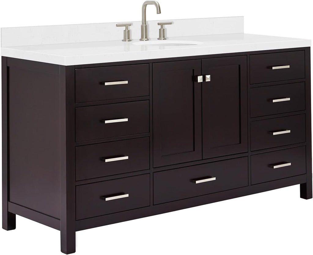 ARIEL Cambridge 66-inch Bathroom Vanity with Sink,Solid Wood, 1.5-inch Carrara White Quartz Countertop & Backsplash, Single Oval Porcelain Sink, 2 Soft Closing Doors, 9 Dovetail Drawers, Espresso