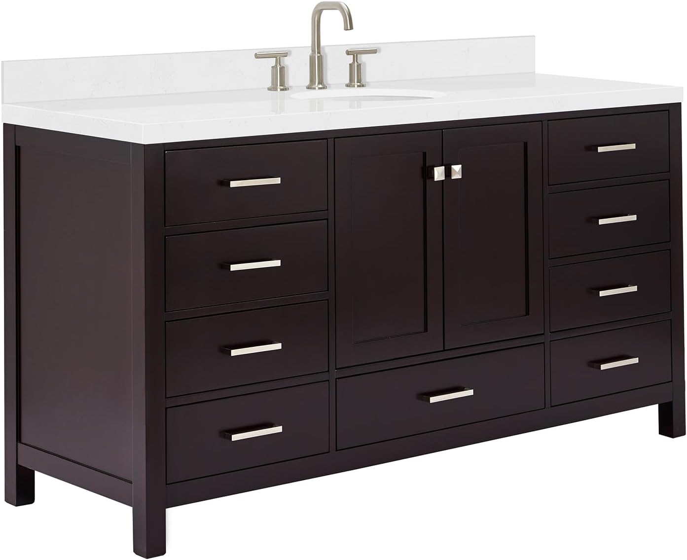 ARIEL Cambridge 66-inch Bathroom Vanity with Sink,Solid Wood, 1.5-inch Carrara White Quartz Countertop & Backsplash, Single Oval Porcelain Sink, 2 Soft Closing Doors, 9 Dovetail Drawers, Espresso