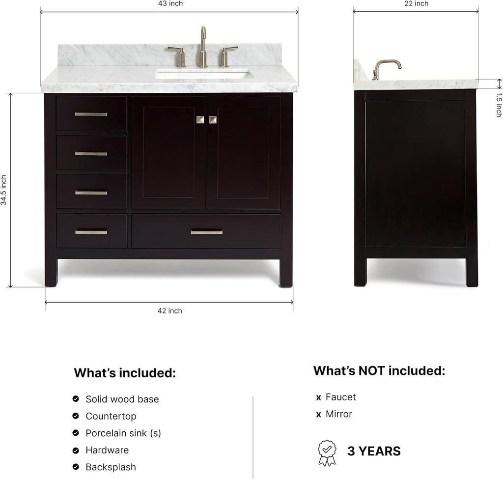 DKB Beckford 42-Inch Espresso Single Bathroom Vanity with Sink, Solid Wood, 1.5' Carrara Marble Countertop & Backsplash, Right Rectangular Undermount Sink, 2 Soft Closing Doors, 5 Drawers