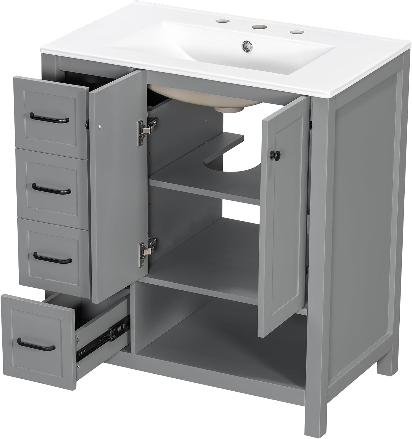 LUMISOL 30 Inch Bathroom Vanity with Ceramic Sink, Freestanding Bathroom Vanity with 2 Drawers, Soft-Close Doors & Open Shelf, Solid Wood Bathroom Cabinet with Offset Sink, Gray