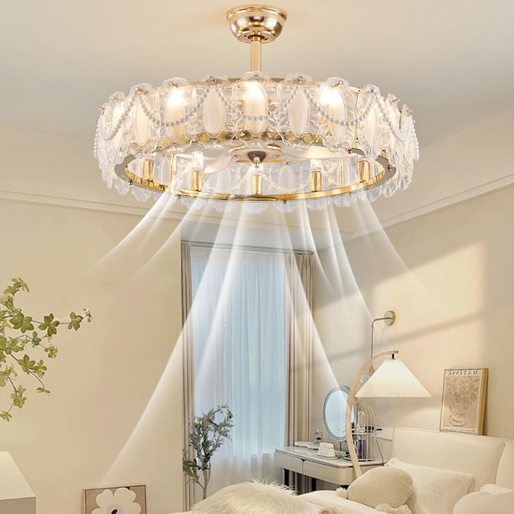 21' Modern Chandelier LED High Ceiling Light Fan with Remote Pearl Vintage Glass Fan Light Reversible Fan Large Ceiling Fan with Light for Girls Bedroom Living Room Dining Room
