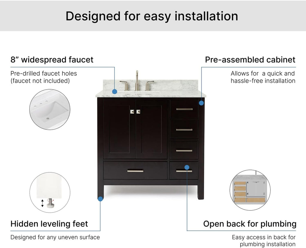 ARIEL Cambridge 36-inch Bathroom Vanity with Sink,Solid Wood, 0.75-inch Italian Carrara Marble Countertop, Single Rectangular Porcelain Sink, 2 Soft Closing Doors, 5 Dovetail Drawers, Espresso