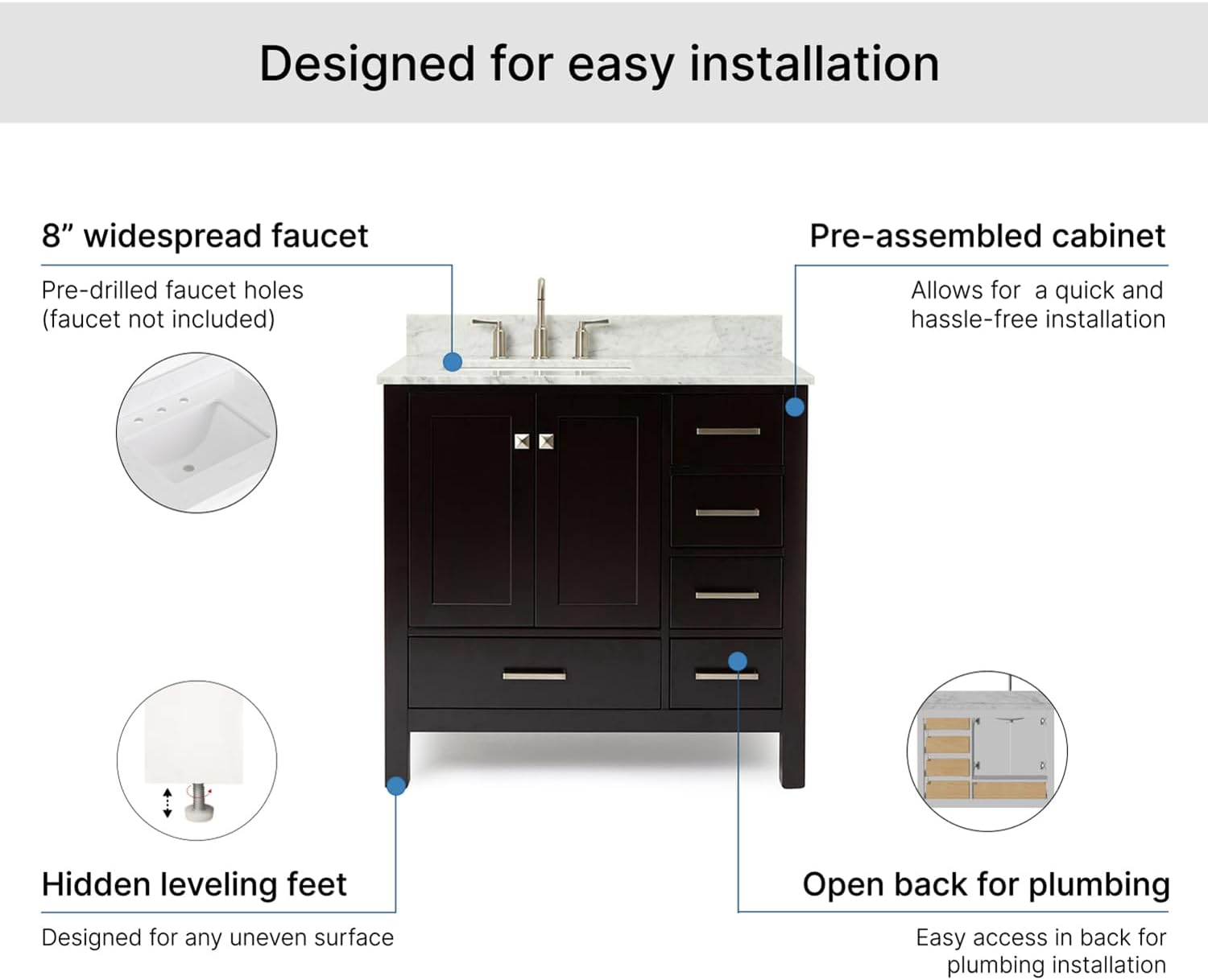 ARIEL Cambridge 36-inch Bathroom Vanity with Sink,Solid Wood, 0.75-inch Italian Carrara Marble Countertop, Single Rectangular Porcelain Sink, 2 Soft Closing Doors, 5 Dovetail Drawers, Espresso