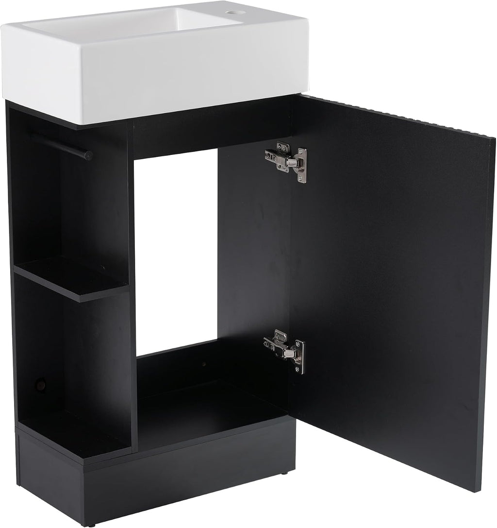18.6 inch Bathroom Vanity with Sink, Free Standing Cabinet with Storage Cabinet & Two-Tier Shelf, Solid Wood Bath Vanity Organizer with Ceramic Sink for Bathroom, Black