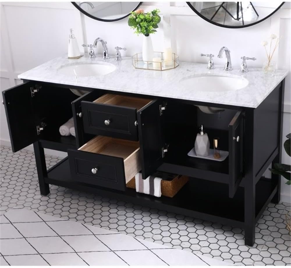 Pemberly Row 60' Double Sink Bathroom Vanity, Solid Poplar Wood, Black Finish, Carrara White Marble Top, 33.75' H x 60' W x 22' D, Two Drawers, Two Cabinets, Soft Close, Contemporary Freestanding