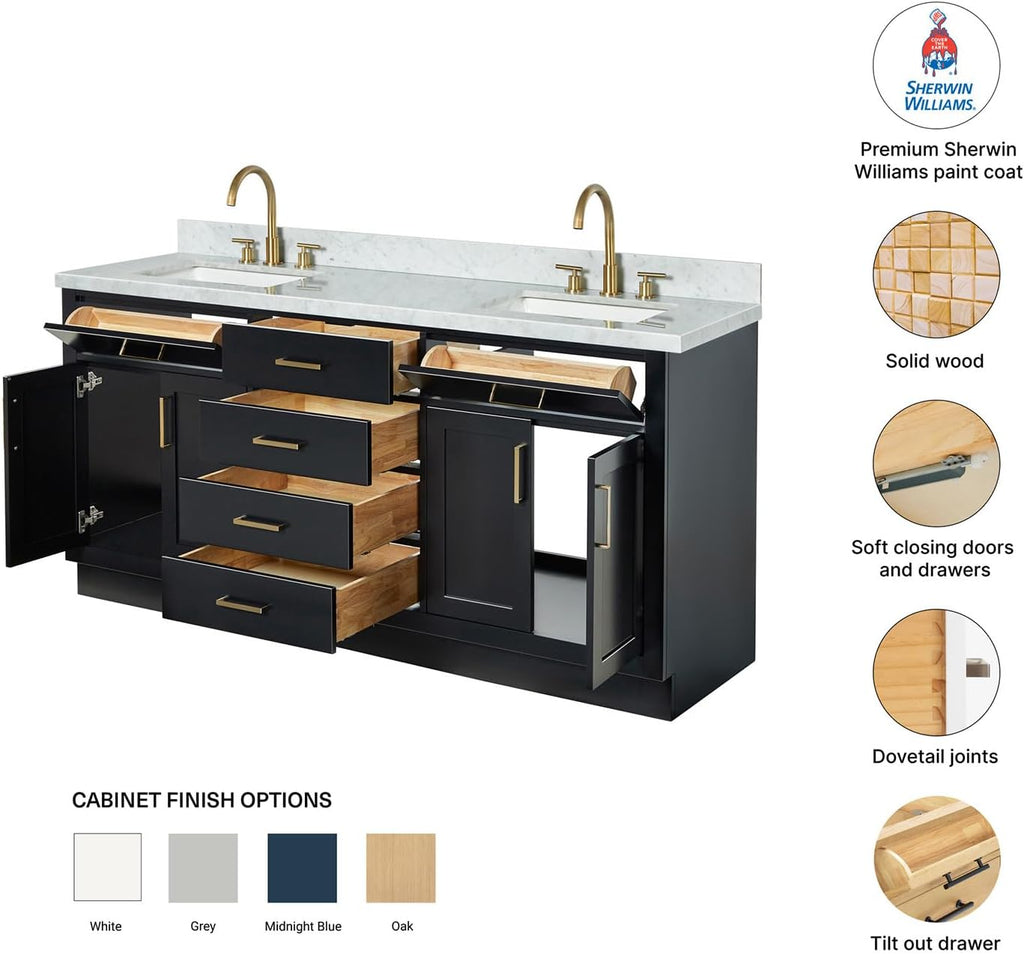 DKB Isabella 72 Inch Bathroom Vanity Double Sink — Black Bathroom Vanity with Sink, 1.5' Edge Italian Carrara Marble Countertop & Backsplash, 4 Soft-Close Doors, 4 Dovetail Drawers, and 2 Tilt Drawers