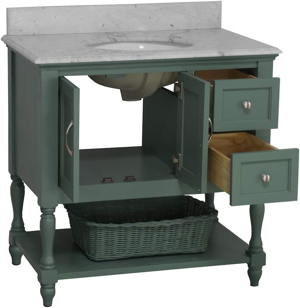 Kitchen Bath Collection Beverly 36-inch Bathroom Vanity (Carrara/Sage Green): Includes Sage Green Cabinet with Authentic Italian Carrara Marble Countertop and White Ceramic Sink
