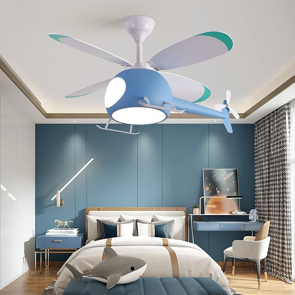 Children's Bedroom Ceiling Fan with lights,Remote control speed,Dimmable Kids Room Cartoon Ceiling Fan Lamp,Helicopter Model&Teddy Bear Model Options Blue