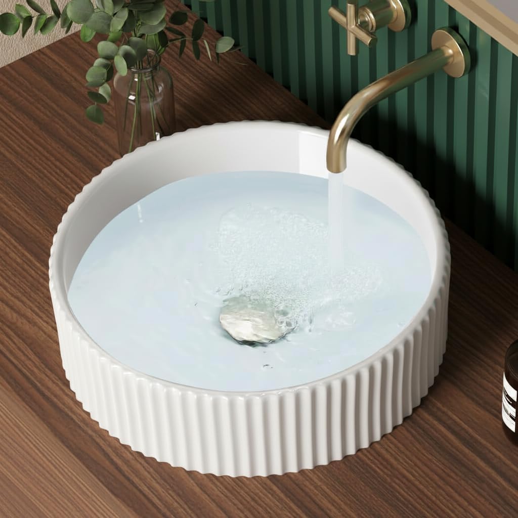 KES White Round Vessel Sink with Fluted Texture, 16 Inch Ceramic Bathroom Sink Above Counter, Small Porcelain Bowl Sink for RV Lavatory Vanity Countertop, BVSC129