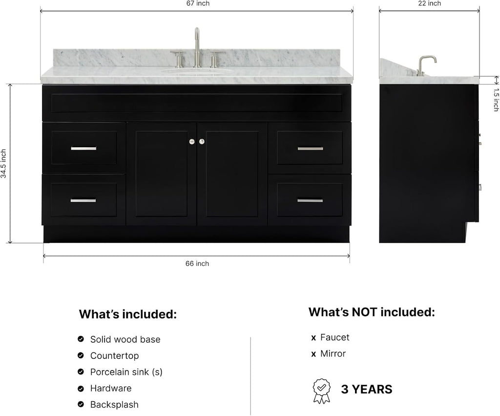 ARIEL Hamlet 66-inch Bathroom Vanity with Sink,Solid Wood, 1.5-inch Italian Carrara Marble Countertop & Backsplash, Single Oval Porcelain Sink, 2 Soft Closing Doors, 4 Dovetail Drawers, Black