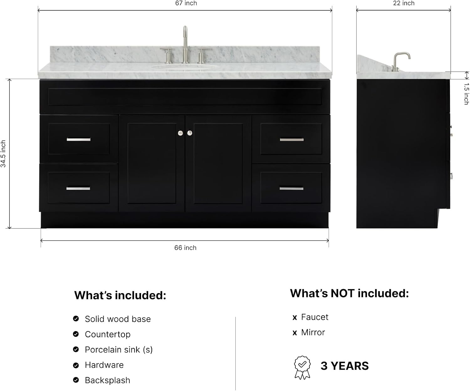 ARIEL Hamlet 66-inch Bathroom Vanity with Sink,Solid Wood, 1.5-inch Italian Carrara Marble Countertop & Backsplash, Single Oval Porcelain Sink, 2 Soft Closing Doors, 4 Dovetail Drawers, Black