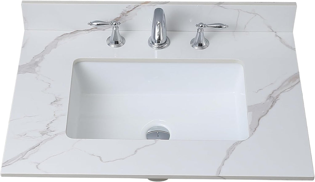 31 x 22 Inch Bathroom Vanity Top, Sintered Stone Top with Ceramic Sink, Three Hole Vanity Top With Undermount Rectangular Sink and 1 Backsplash (Carrara Gold, 3 Hole)