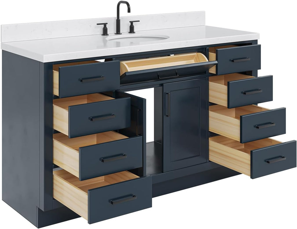 ARIEL Hepburn 66-inch Bathroom Vanity with Sink,Solid Wood, 1.5-inch Carrara White Quartz Countertop, Single Oval Porcelain Sink, 2 Soft Closing Doors, 9 Dovetail Drawers, Midnight Blue