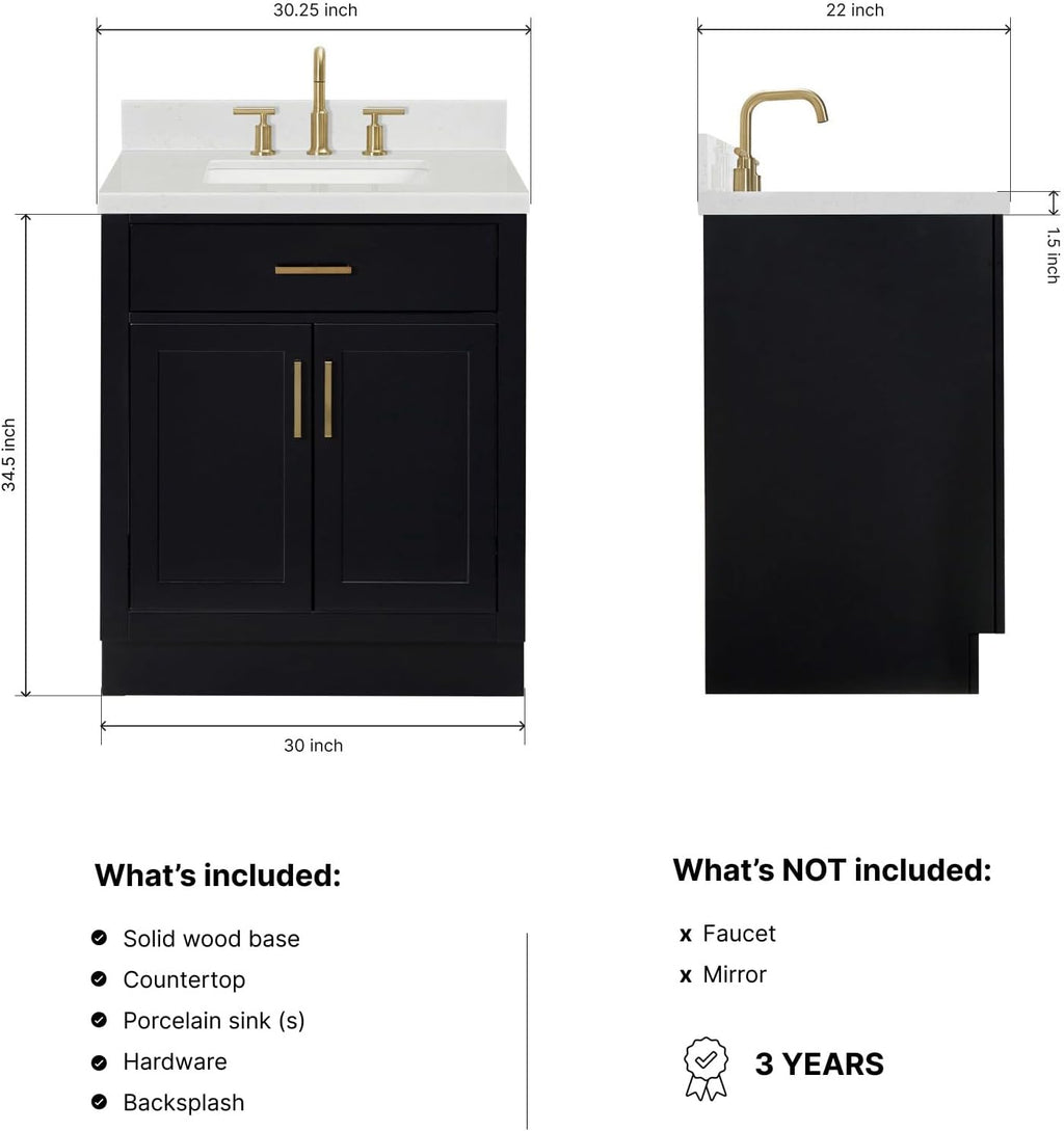 ARIEL Hepburn 30-inch Bathroom Vanity with Sink,Solid Wood, 1.5-inch Carrara White Quartz Countertop & Backsplash, Single Rectangular Porcelain Sink, 2 Soft Closing Doors, 1 Dovetail Drawers, Black
