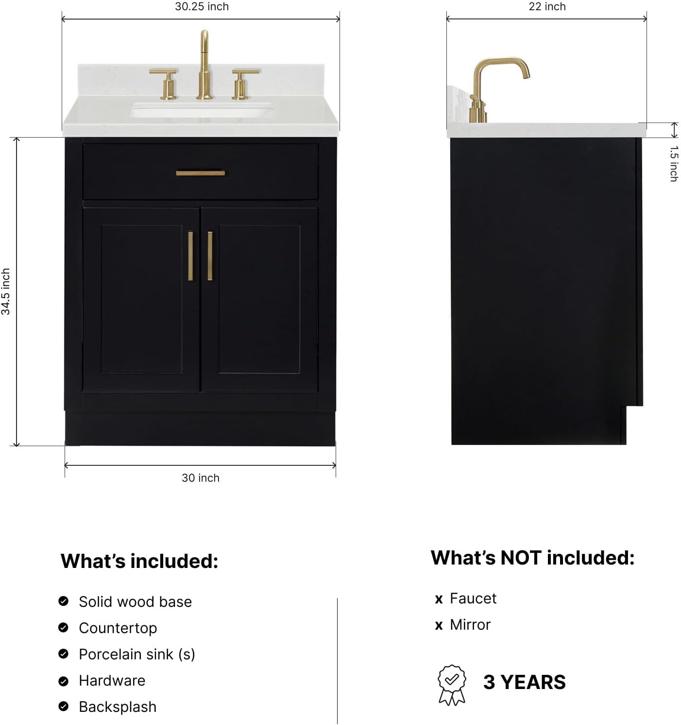 ARIEL Hepburn 30-inch Bathroom Vanity with Sink,Solid Wood, 1.5-inch Carrara White Quartz Countertop & Backsplash, Single Rectangular Porcelain Sink, 2 Soft Closing Doors, 1 Dovetail Drawers, Black