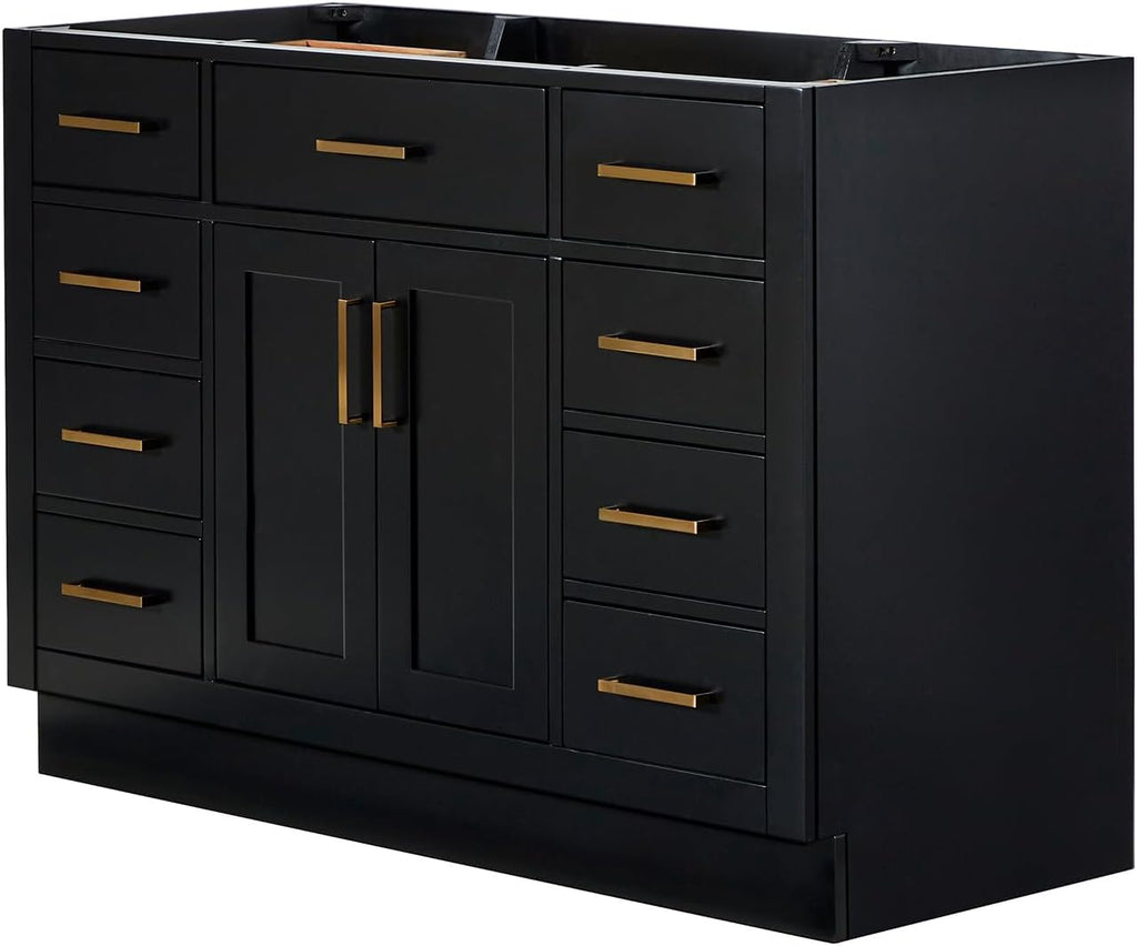 ARIEL Hepburn 48-inch Bathroom Vanity Base Cabinet,Solid Wood, 2 Soft Closing Doors, 9 Dovetail Drawers, Black