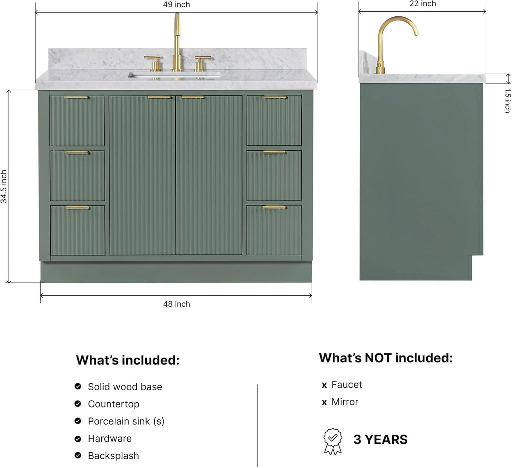 ARIEL Milan 48-inch Bathroom Vanity with Sink,Solid Wood, 1.5-inch Italian Carrara Marble Countertop, Single Rectangular Porcelain Sink, Soft Closing Doors, Dovetail Drawers, Vintage Green