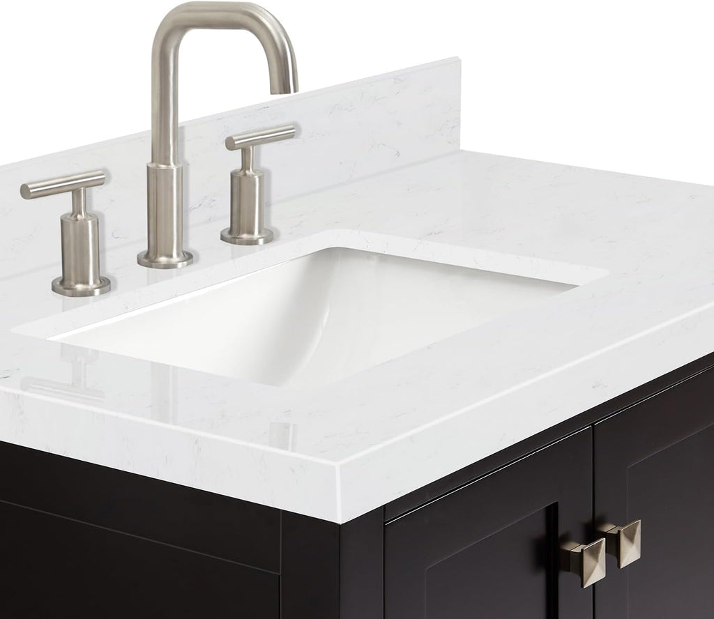 ARIEL Cambridge 36-inch Bathroom Vanity with Sink,Solid Wood, 1.5-inch Carrara White Quartz Countertop, Single Rectangular Porcelain Sink, 2 Soft Closing Doors, 5 Dovetail Drawers, Espresso