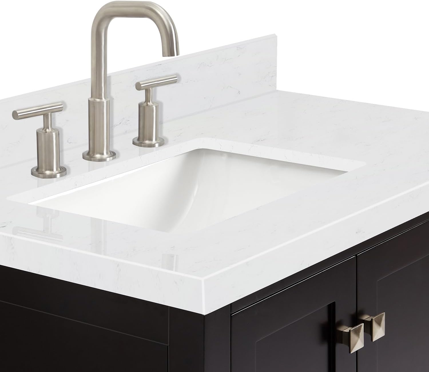 DKB Beckford 36-Inch Espresso Single Bathroom Vanity with Sink, Solid Wood Frame, Carrara White Quartz 1.5' Countertop, Left Rectangular Undermount Sink, 2 Soft Closing Doors, 5 Drawers