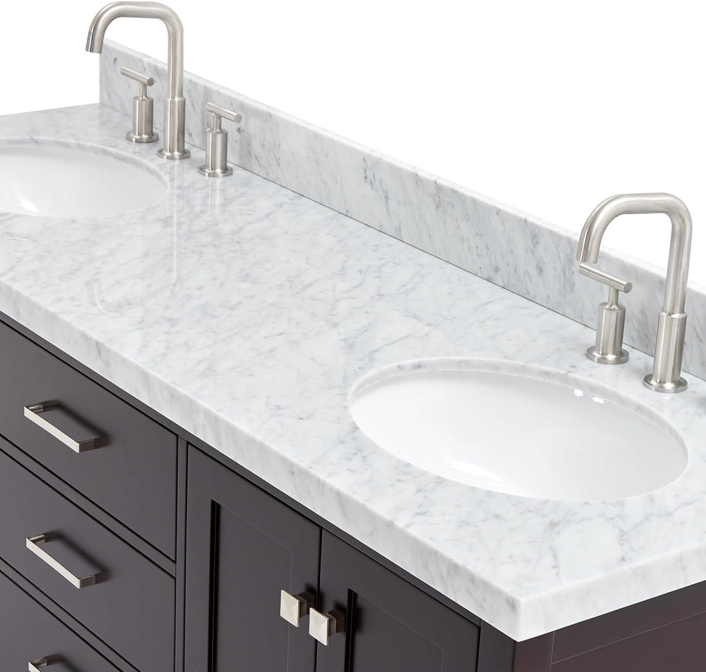 ARIEL Cambridge 66-inch Bathroom Vanity with Sink,Solid Wood, 1.5-inch Italian Carrara Marble Countertop & Backsplash, Double Oval Porcelain Sink, 4 Soft Closing Doors, 6 Dovetail Drawers, Espresso