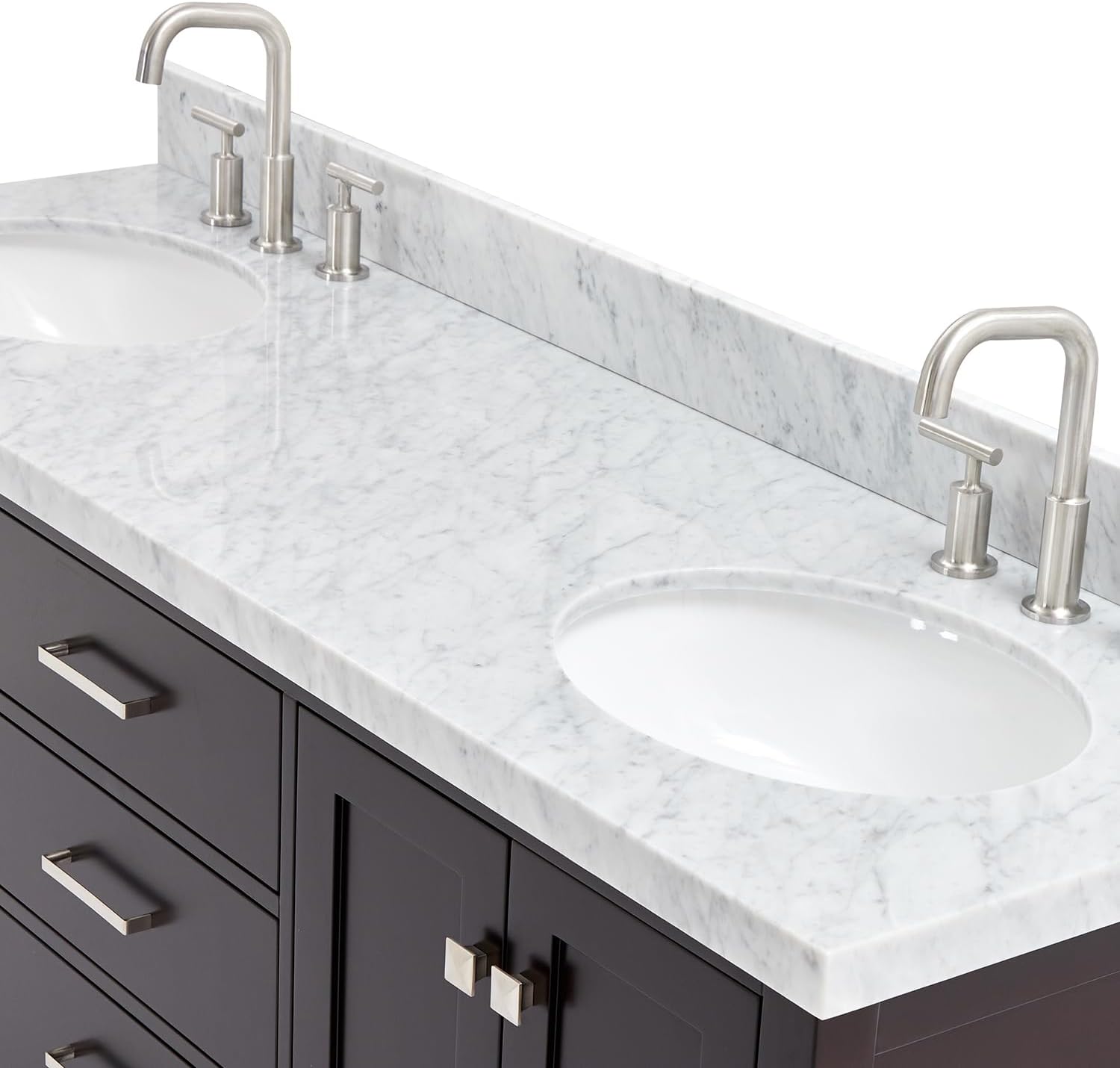 ARIEL Cambridge 66-inch Bathroom Vanity with Sink,Solid Wood, 1.5-inch Italian Carrara Marble Countertop & Backsplash, Double Oval Porcelain Sink, 4 Soft Closing Doors, 6 Dovetail Drawers, Espresso