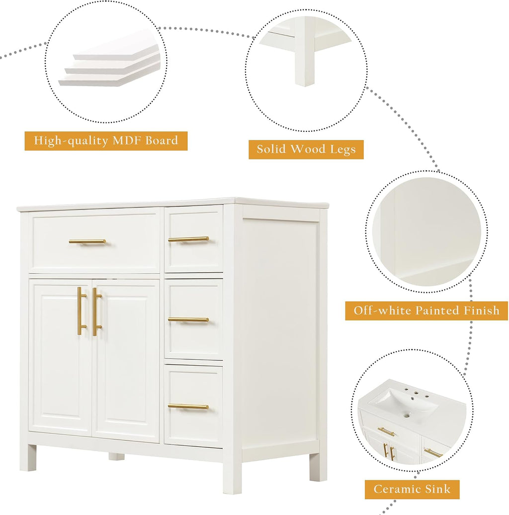 LUMISOL 36' Bathroom Vanity with Offset Sink, Freestanding Bathroom Sink Cabinet with 3 Drawers & 2 Doors, Solid Wood Bathroom Vanity with Offset Ceramic Sink, White