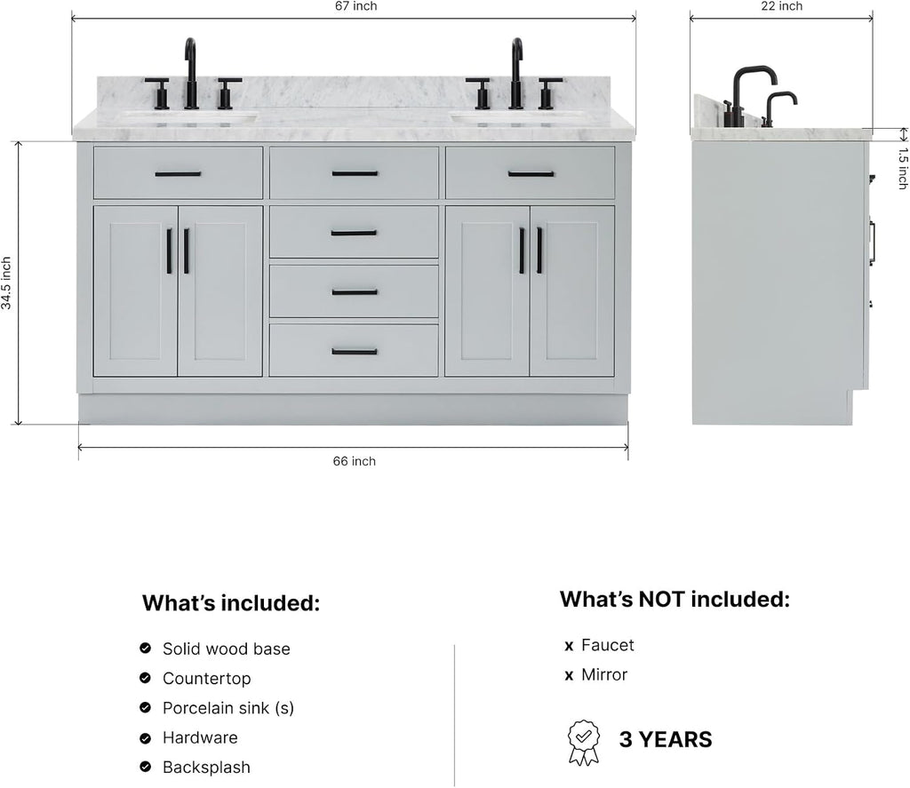 ARIEL Hepburn 66-inch Bathroom Vanity with Sink,Solid Wood, 1.5-inch Italian Carrara Marble Countertop, Double Rectangular Porcelain Sink, 4 Soft Closing Doors, 6 Dovetail Drawers, Grey