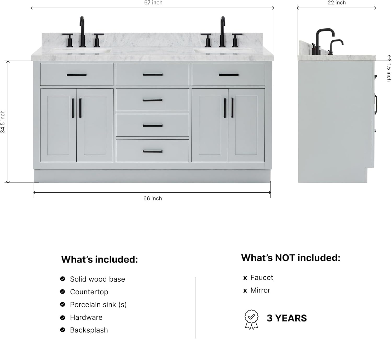 ARIEL Hepburn 66-inch Bathroom Vanity with Sink,Solid Wood, 1.5-inch Italian Carrara Marble Countertop, Double Rectangular Porcelain Sink, 4 Soft Closing Doors, 6 Dovetail Drawers, Grey