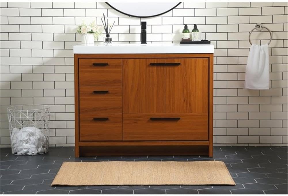Pemberly Row 42' Aluminum Alloy and MDF Bathroom Vanity, Teak Finish, White Resin Countertop with Integrated Sink, Soft-Close Doors and Drawer, Modern Space-Saving Design for Bathrooms or Powder Rooms