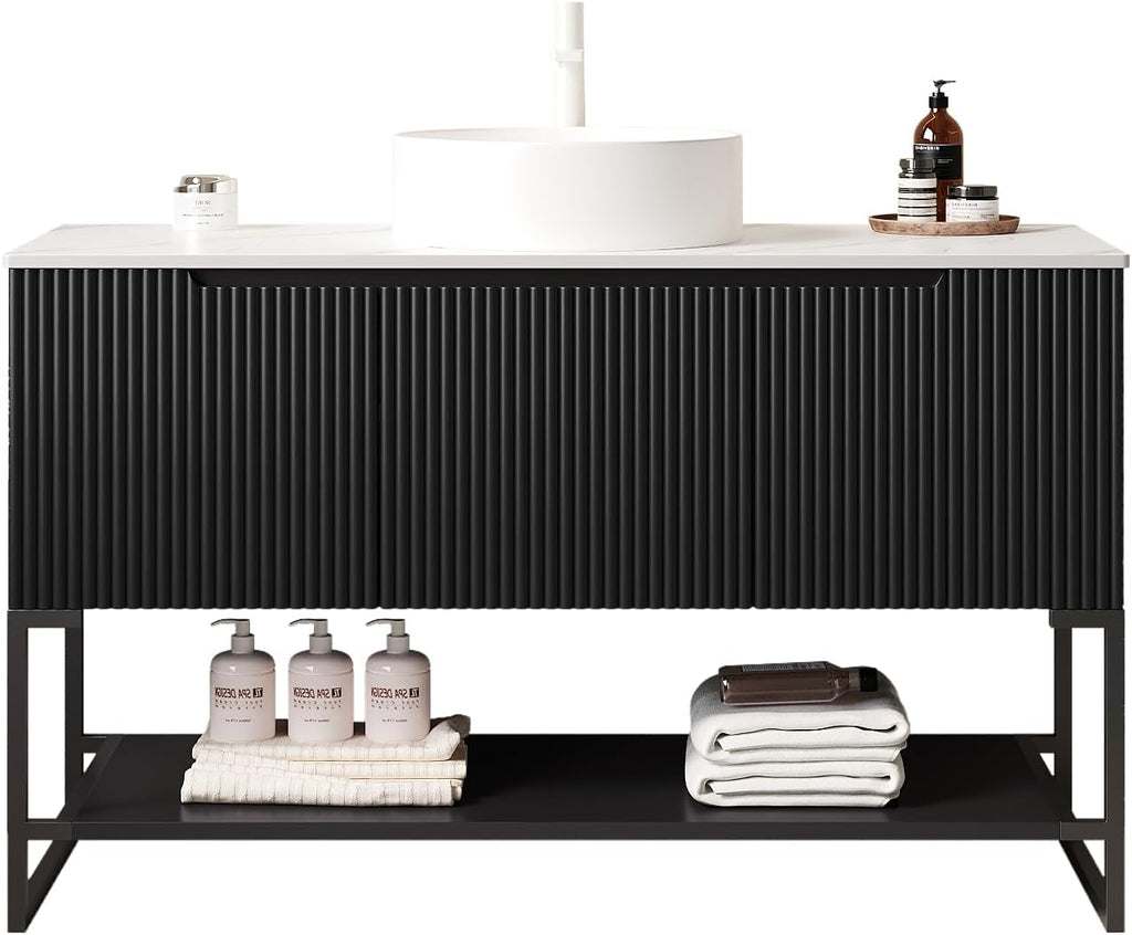 48' Black Bathroom Vanity with Round Ceramic Basin & Marble Top, Freestanding Bathroom Storage Cabinet with 3 Doors and Open Shelf, Modern Single Sink Bathroom Vanities with Soft Close System