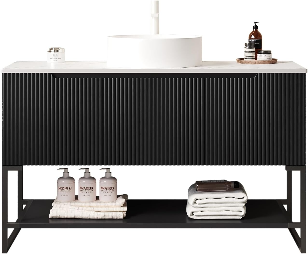 48' Black Bathroom Vanity with Round Ceramic Basin & Marble Top, Freestanding Bathroom Storage Cabinet with 3 Doors and Open Shelf, Modern Single Sink Bathroom Vanities with Soft Close System